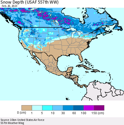 North America Snow Depth (USAF 557th WW) Thematic Map For 2/20/2023 - 2/26/2023