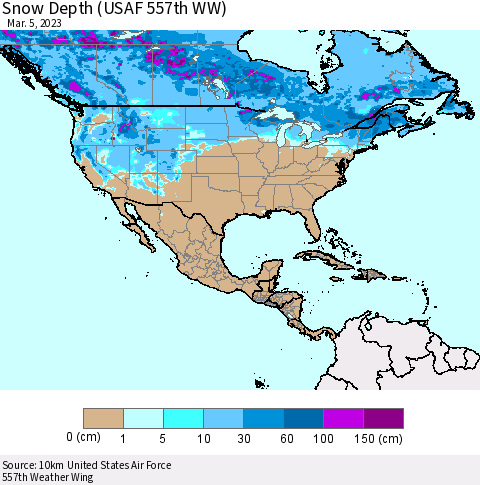 North America Snow Depth (USAF 557th WW) Thematic Map For 2/27/2023 - 3/5/2023