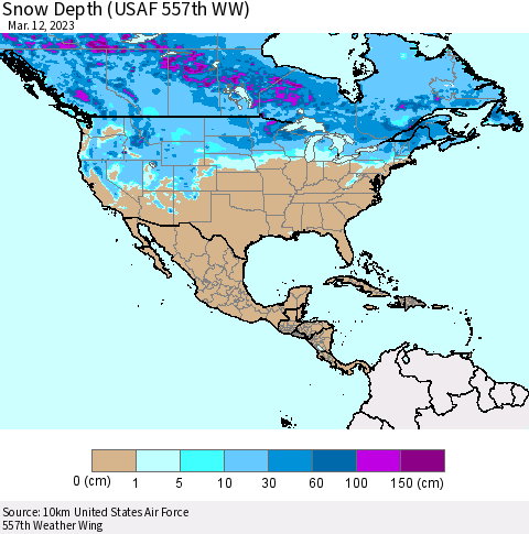 North America Snow Depth (USAF 557th WW) Thematic Map For 3/6/2023 - 3/12/2023