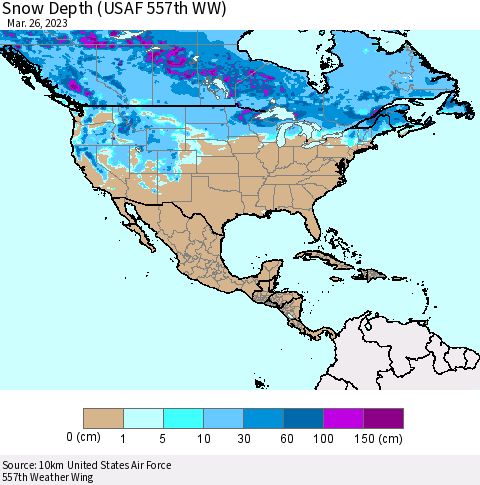 North America Snow Depth (USAF 557th WW) Thematic Map For 3/20/2023 - 3/26/2023