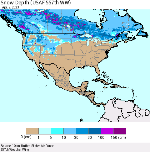 North America Snow Depth (USAF 557th WW) Thematic Map For 4/3/2023 - 4/9/2023