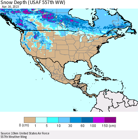 North America Snow Depth (USAF 557th WW) Thematic Map For 4/10/2023 - 4/16/2023