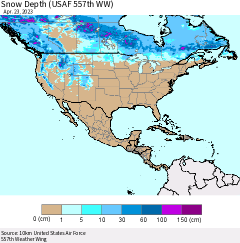 North America Snow Depth (USAF 557th WW) Thematic Map For 4/17/2023 - 4/23/2023