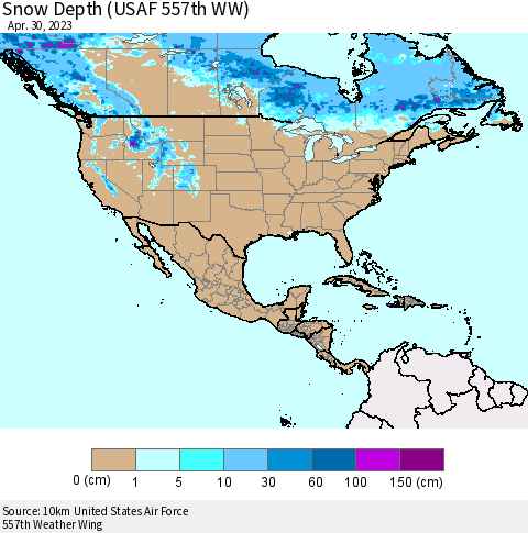 North America Snow Depth (USAF 557th WW) Thematic Map For 4/24/2023 - 4/30/2023
