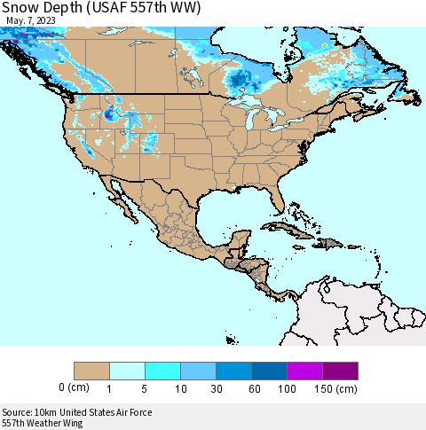North America Snow Depth (USAF 557th WW) Thematic Map For 5/1/2023 - 5/7/2023