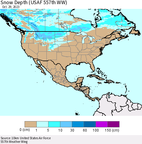 North America Snow Depth (USAF 557th WW) Thematic Map For 10/23/2023 - 10/29/2023