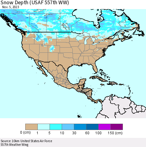 North America Snow Depth (USAF 557th WW) Thematic Map For 10/30/2023 - 11/5/2023