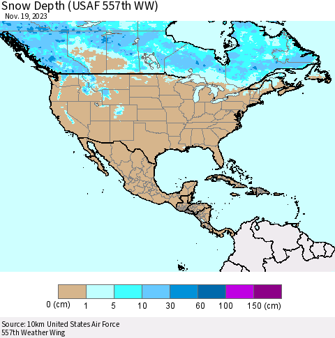 North America Snow Depth (USAF 557th WW) Thematic Map For 11/13/2023 - 11/19/2023