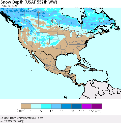 North America Snow Depth (USAF 557th WW) Thematic Map For 11/20/2023 - 11/26/2023