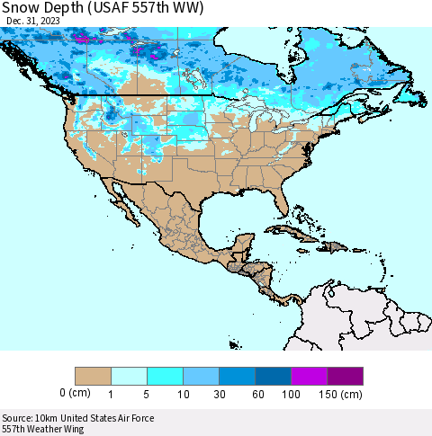 North America Snow Depth (USAF 557th WW) Thematic Map For 12/25/2023 - 12/31/2023