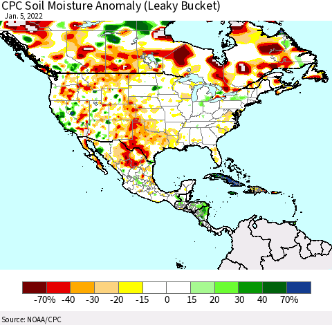 North America CPC Soil Moisture Anomaly (Leaky Bucket) Thematic Map For 1/1/2022 - 1/5/2022