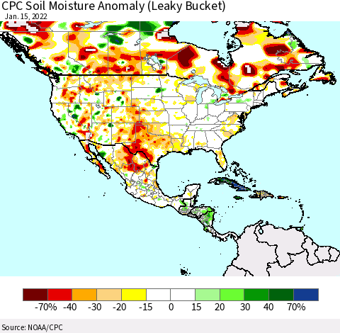 North America CPC Soil Moisture Anomaly (Leaky Bucket) Thematic Map For 1/11/2022 - 1/15/2022