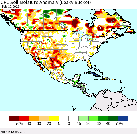 North America CPC Soil Moisture Anomaly (Leaky Bucket) Thematic Map For 2/6/2022 - 2/10/2022