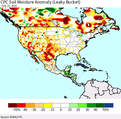 North America CPC Soil Moisture Anomaly (Leaky Bucket) Thematic Map For 2/11/2022 - 2/15/2022