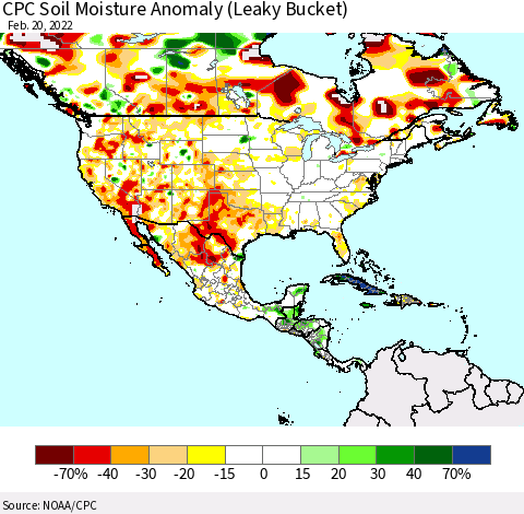 North America CPC Soil Moisture Anomaly (Leaky Bucket) Thematic Map For 2/16/2022 - 2/20/2022