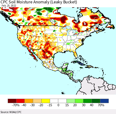 North America CPC Soil Moisture Anomaly (Leaky Bucket) Thematic Map For 2/21/2022 - 2/25/2022