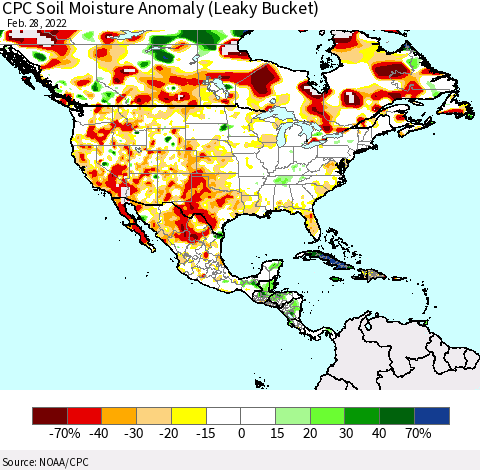 North America CPC Soil Moisture Anomaly (Leaky Bucket) Thematic Map For 2/26/2022 - 2/28/2022