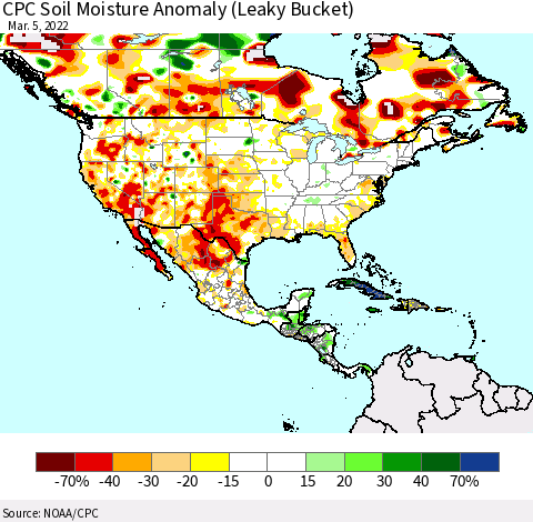 North America CPC Soil Moisture Anomaly (Leaky Bucket) Thematic Map For 3/1/2022 - 3/5/2022