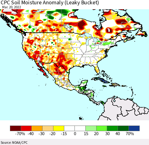 North America CPC Soil Moisture Anomaly (Leaky Bucket) Thematic Map For 3/16/2022 - 3/20/2022