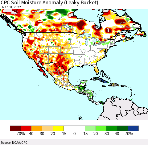 North America CPC Soil Moisture Anomaly (Leaky Bucket) Thematic Map For 3/26/2022 - 3/31/2022
