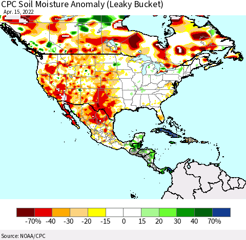 North America CPC Soil Moisture Anomaly (Leaky Bucket) Thematic Map For 4/11/2022 - 4/15/2022