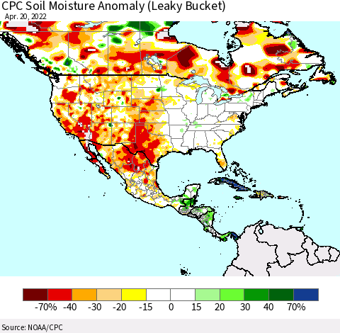 North America CPC Soil Moisture Anomaly (Leaky Bucket) Thematic Map For 4/16/2022 - 4/20/2022