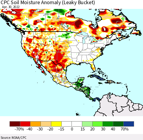 North America CPC Soil Moisture Anomaly (Leaky Bucket) Thematic Map For 4/26/2022 - 4/30/2022