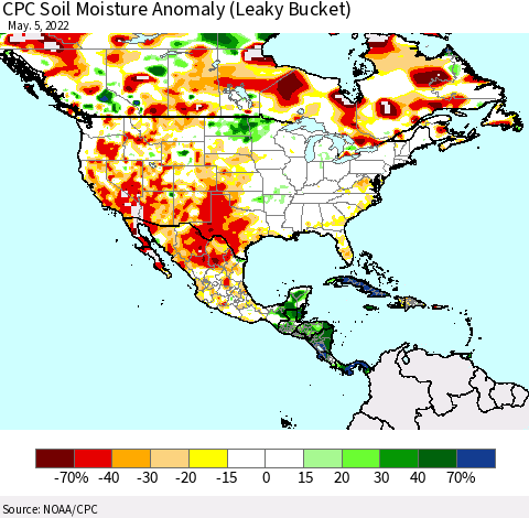 North America CPC Soil Moisture Anomaly (Leaky Bucket) Thematic Map For 5/1/2022 - 5/5/2022