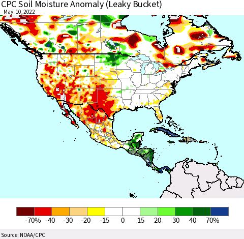 North America CPC Soil Moisture Anomaly (Leaky Bucket) Thematic Map For 5/6/2022 - 5/10/2022