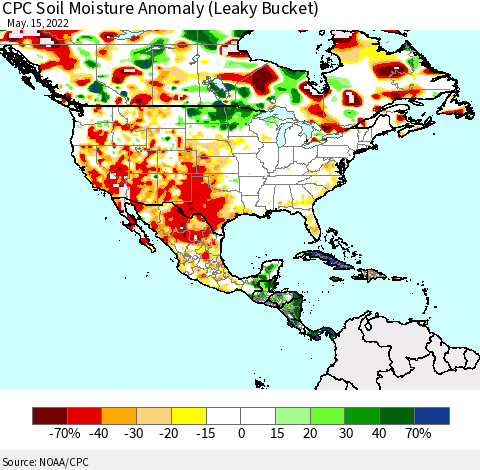 North America CPC Soil Moisture Anomaly (Leaky Bucket) Thematic Map For 5/11/2022 - 5/15/2022