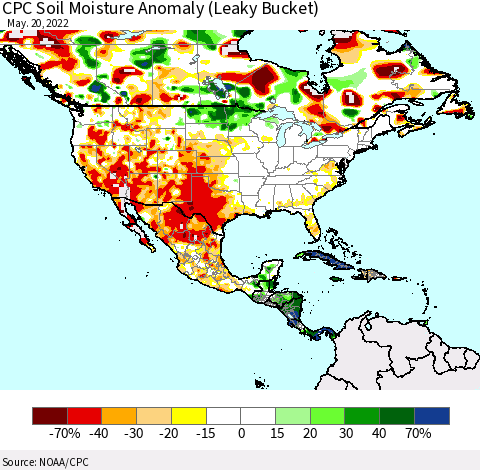 North America CPC Soil Moisture Anomaly (Leaky Bucket) Thematic Map For 5/16/2022 - 5/20/2022