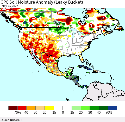 North America CPC Soil Moisture Anomaly (Leaky Bucket) Thematic Map For 5/21/2022 - 5/25/2022