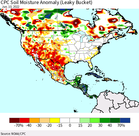 North America CPC Soil Moisture Anomaly (Leaky Bucket) Thematic Map For 6/6/2022 - 6/10/2022