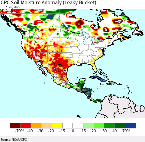 North America CPC Soil Moisture Anomaly (Leaky Bucket) Thematic Map For 6/16/2022 - 6/20/2022
