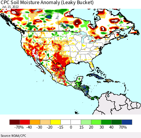 North America CPC Soil Moisture Anomaly (Leaky Bucket) Thematic Map For 7/11/2022 - 7/15/2022