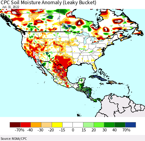 North America CPC Soil Moisture Anomaly (Leaky Bucket) Thematic Map For 7/26/2022 - 7/31/2022