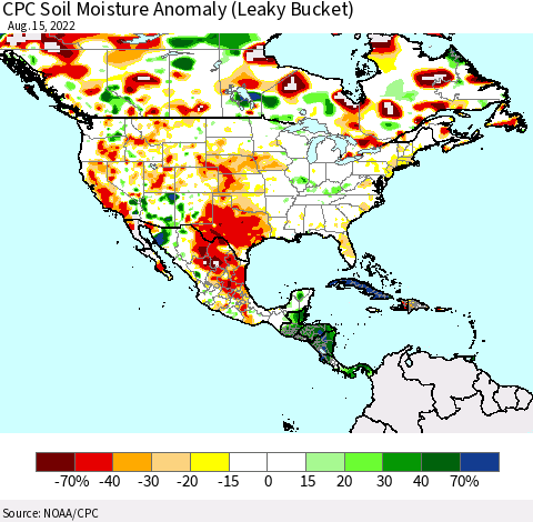 North America CPC Soil Moisture Anomaly (Leaky Bucket) Thematic Map For 8/11/2022 - 8/15/2022