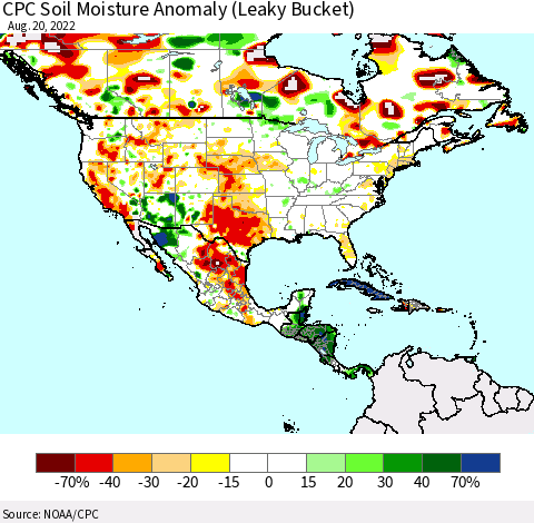 North America CPC Soil Moisture Anomaly (Leaky Bucket) Thematic Map For 8/16/2022 - 8/20/2022