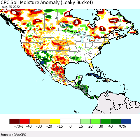 North America CPC Soil Moisture Anomaly (Leaky Bucket) Thematic Map For 8/21/2022 - 8/25/2022