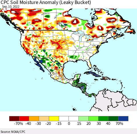North America CPC Soil Moisture Anomaly (Leaky Bucket) Thematic Map For 9/6/2022 - 9/10/2022