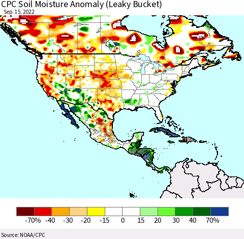 North America CPC Soil Moisture Anomaly (Leaky Bucket) Thematic Map For 9/11/2022 - 9/15/2022
