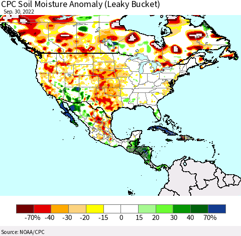 North America CPC Soil Moisture Anomaly (Leaky Bucket) Thematic Map For 9/26/2022 - 9/30/2022
