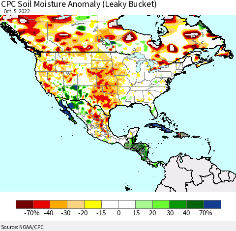 North America CPC Soil Moisture Anomaly (Leaky Bucket) Thematic Map For 10/1/2022 - 10/5/2022