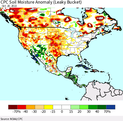North America CPC Soil Moisture Anomaly (Leaky Bucket) Thematic Map For 10/16/2022 - 10/20/2022
