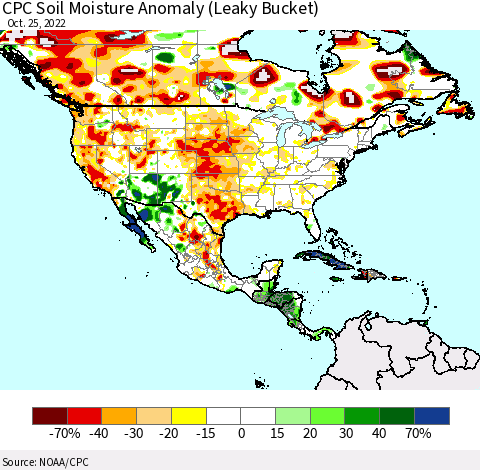 North America CPC Soil Moisture Anomaly (Leaky Bucket) Thematic Map For 10/21/2022 - 10/25/2022