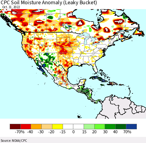 North America CPC Soil Moisture Anomaly (Leaky Bucket) Thematic Map For 10/26/2022 - 10/31/2022