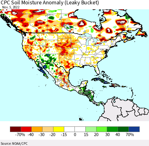 North America CPC Soil Moisture Anomaly (Leaky Bucket) Thematic Map For 11/1/2022 - 11/5/2022