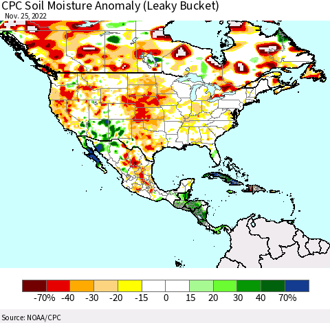 North America CPC Soil Moisture Anomaly (Leaky Bucket) Thematic Map For 11/21/2022 - 11/25/2022