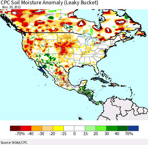 North America CPC Soil Moisture Anomaly (Leaky Bucket) Thematic Map For 11/26/2022 - 11/30/2022