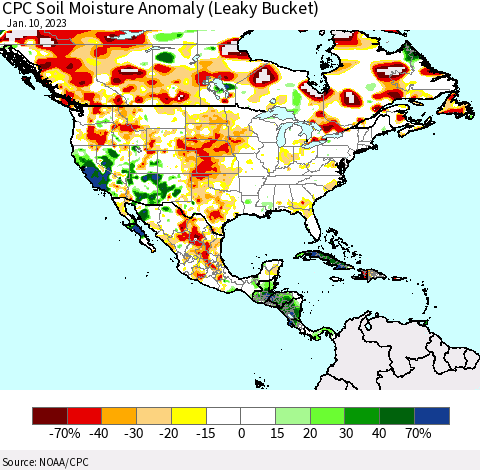 North America CPC Soil Moisture Anomaly (Leaky Bucket) Thematic Map For 1/6/2023 - 1/10/2023
